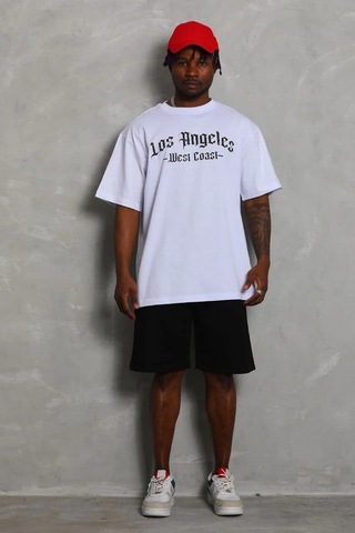 Erkek Oversize Baskılı Bisiklet Yaka T-shirt - Beyaz Beyaz