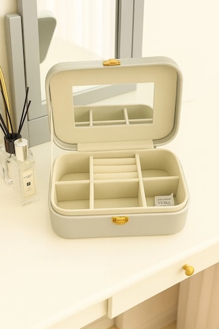 Deri Seyahat Takı Bijuteri Mücevher Kutusu Organizer Düzenleyici 20cm Gri İthal Ürün