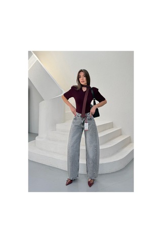 Meecy Yüksek Bel Wide Leg Salaş Jean Pantolon - Gri Gri