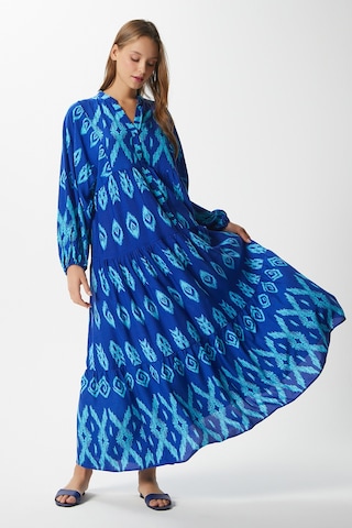 Modest Kadın Megan %100 Viskon Maksi Boy Mavi Katlı Balon Kol Uzun Yazlık Elbise Maviaçıkmavi Açık Mavi