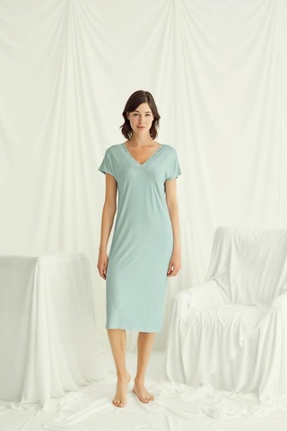 Monamise 18517 Kadın V Yaka Dantelli Düğmeli Kısa Kollu Gecelik-açıkyeşil Açık Yeşil