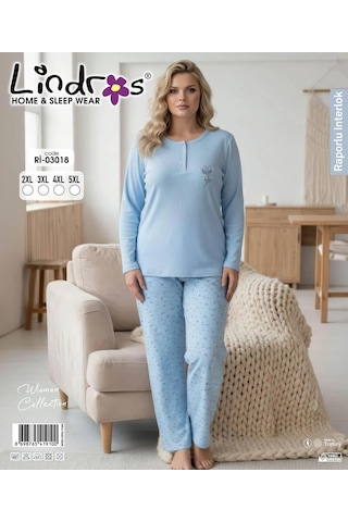 Boyraz Lindros Kadın Düğme Yaka Raporlu İnterlok Kışlık Battal Pijama Takımı 03018 - 1 Adet Mavi