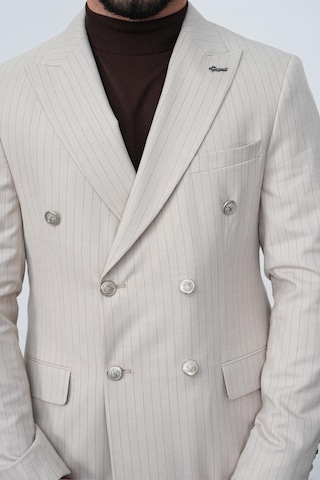 Dupont Classics Dupont Slim Fit Sivri Yaka 6 Drop Çift Yırtmaç Çizgili Viskon Kruvaze Erkek Takım Elbise Krem