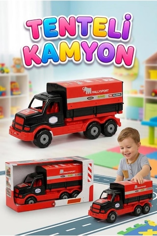 Açılabilir Tenteli Kasalı Büyük Boy 44cm Tekerlekli Ralli Tasarımlı Oyuncak Dev Taşıyıcı Kamyon