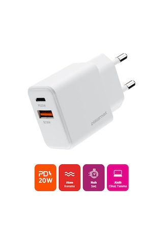 Polosmart Pbs136 Hızlı 1 Usb 1 Pd Çıkışlı 20w Şarj Adaptörü Duvar Şarjı Beyaz