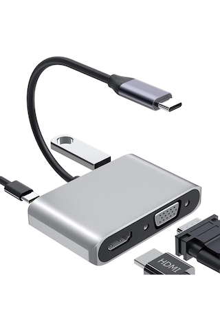 4in1 Type-c To 4k Ultra Hd Hdmı/ Vga/ Pd Şarj/ Usb3.0 Macbook Uyumlu Çoklayıcı Adaptör