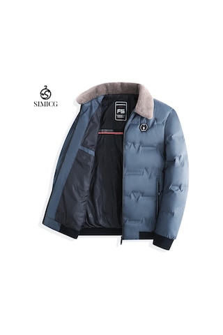 Erkek Kışlık Mont Kışlık Pamuklu Dolgulu Ceket Kısa Kürk Yaka Sıcak Pamuklu Mont Mavi