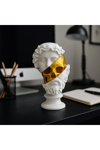 Kafatası Detaylı Büst Heykel Beyaz Gold 25 Cm Masa Salon Aksesuarı -