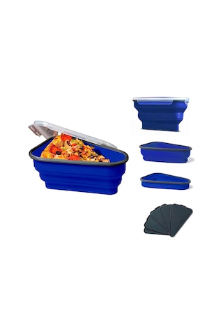 Xindoker Mikrodalga Ve Lavabo Uygun Yeniden Kullanılabilir Silikon Pizza Kutusu - 5 Servis Tablası İle Triangular Katlanabilir Mutfak Depolama Kabı Mavi Mavi