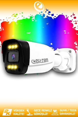 Elitcam 1 Ultra Kamera Bulet Dış Mekan 5 MP 2K Net Renkli Gece Görüşlü Warmled Kameralı AHD Güvenlik Kamerası