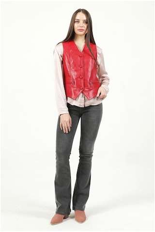 Dericlub Dc-001 Hakiki Deri Kadın Yelek Kırmızı