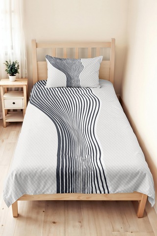 Gri Geometrik Modern Genç Odası Tek Kişilik Pike Takımı - Çizgili 160x220 Cm Kapitone Yatak Örtüsü Mumlu Dalgakıran Örtüsü