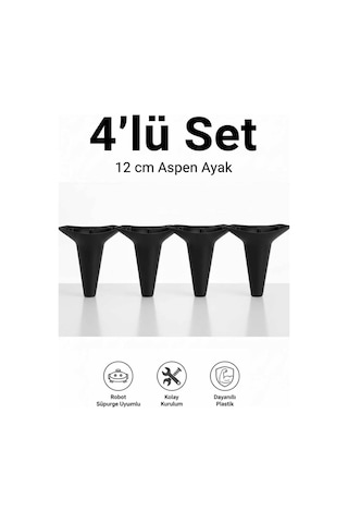 Aspen 12 Cm Siyah 4'lü Set Koltuk Baza Dolap Tv Ünitesi Yatak Odası Konsol Ayağı Siyah