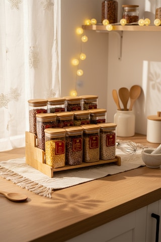 Snippy Lunver - 12'li Ahşap Standlı Vakumlu Etiketli Akrilik Saklama Kabı Baharatlık Seti 350 Ml Ahşap