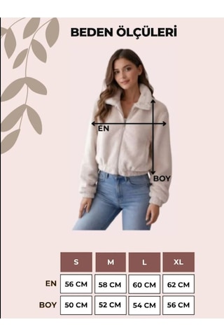 Smalltouch Kadın İç Astarlı Fermuarlı Çift Cepli Crop Bej Peluş Mont Taş