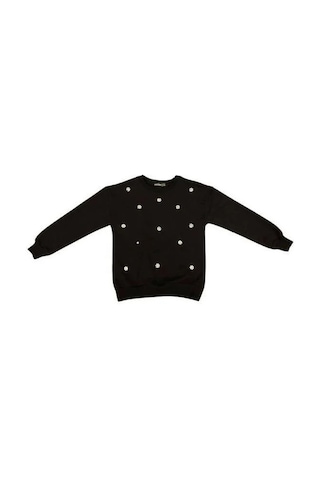 Kız Çocuk Pamuklu İnci İşlemeli İnce Sweatshirt-15007 Siyah
