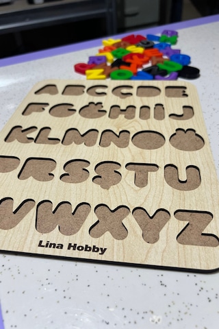 Alfabe Harf Puzzle - Ahşap Tabanlı Ve Pla Harflerden Eğitici Oyuncak 21x25cm Büyük Harfler