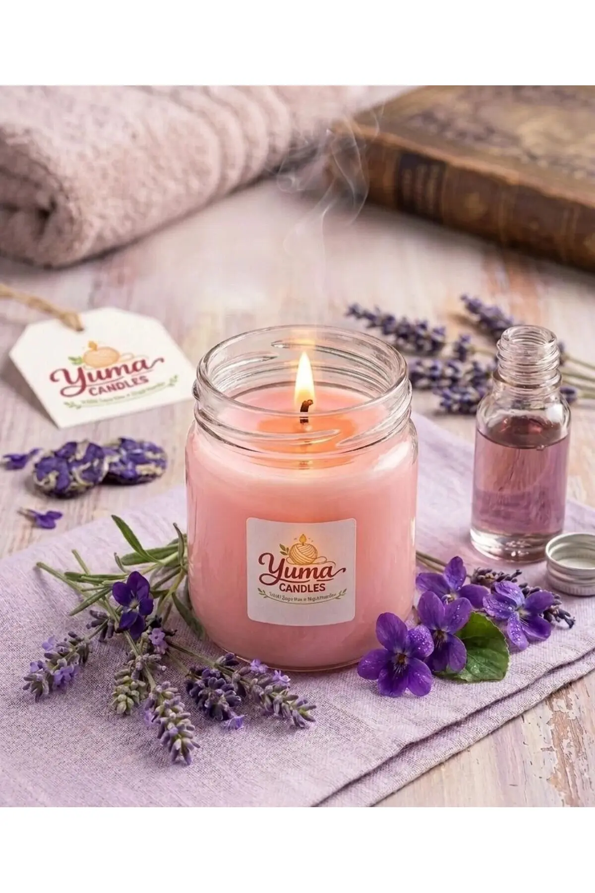 Lavanta Ve Menekşe Kokulu %100 Soya Wax 200cc Kapaklı Cam Kavanoz Mum Pembe