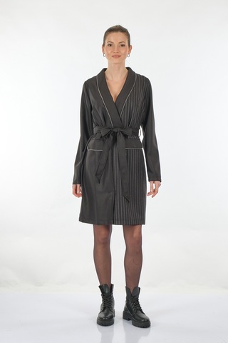 Unique Mode V Yaka Çizgili Uzun Kollu Siyah Kadın Elbise Uw233503 001