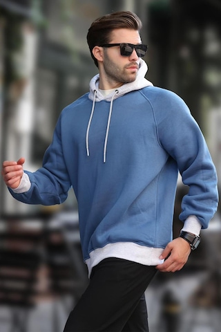 Madmext İndigo Renk Bloklu Kapüşonlu Sweatshirt 7073 Mavi