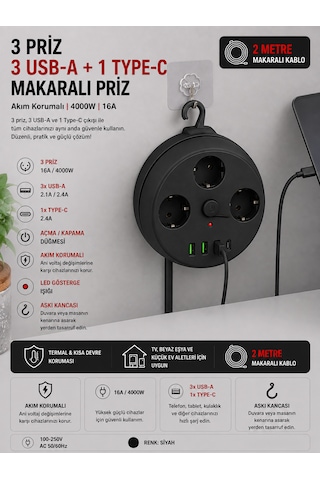 Akım Korumalı Makaralı Priz 3 Priz 3 Usb-a 1 Type-c 2 Metre Kablo 4000w 16a Açma Kapama Düğmeli Siyah 1 - 3 M