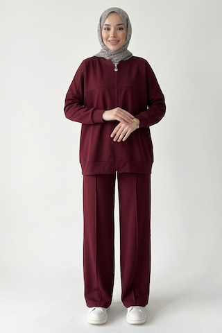 Thiff Tesettür Önü Fermuarlı Oversize Modal Takım Bordo