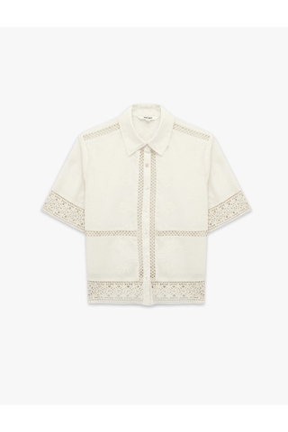 Koton Pamuklu Floral Dokulu Dantel Kroşe Detaylı Kısa Kollu Crop Gömlek Ekru 6sak60237uw