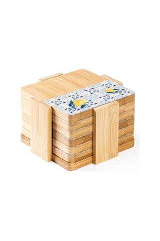 Tantitoni Bambu 6 Parça Standlı Desenli Bardak Altlığı Seti 11.5x11x5 Cm Ahşap