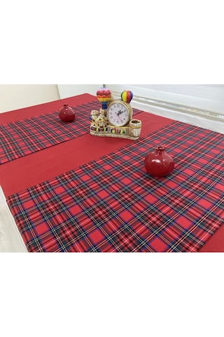 Kırmızı Renk Masa Örtüsü Yılbaşı Ekose Runner Seti