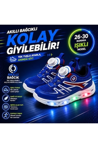 Promax Akıllı Bağcıklı Işıklı Çocuk Spor Ayakkabı Sax 26-30 Kolay Giyilebilir Mavi