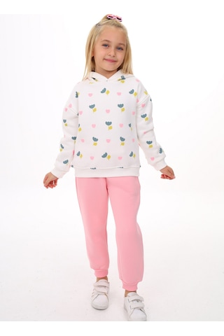 Toontoy Kids Toontoy Kız Çocuk 2'li Takım Baskılı Kapüşonlu Sweatshirt & Beli Paçası Lastikli Jogger Eşofman Altı - Renk Bloklu & 3 İplik Şardonlu Açık Pembe