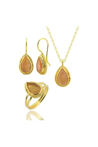 Beyisa Güneş Taşı Serisi Sarma Damla Kesim Siyah Renkli Oniks 22 Ayar Altın Kaplama Kadın Set