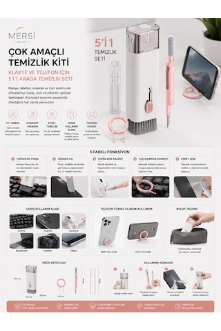 Çok Amaçlı Klavye Ve Telefon Temizleme Kiti Telefon Standlı 5'i 1 Arada Temizlik Seti