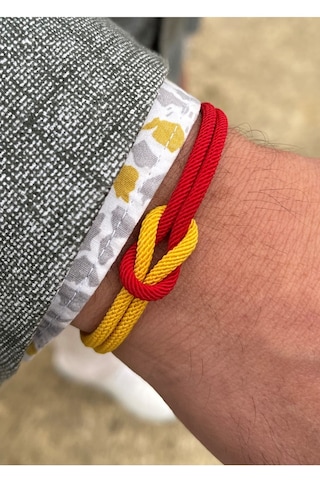 Kazzaze Gümüş Kazaziye Gemici Düğümü Taraftar Bilekliği Sarı Kırmızı Spor Renkleri