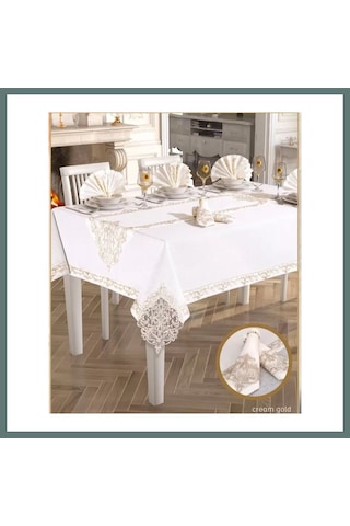 Ventra Elegant Linen Yemek Takımı Masa Seti 12 Kişilik 26 Parça160 260 Cm Runner Set Krem-gold Ventra