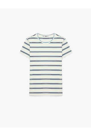 Koton Çizgili Pamuklu Bisiklet Yaka Kısa Kollu Slim Fit Tişört Mavi Çizgili 6sal10537ık