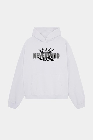 Unisex Beyaz Kapüşonlu Sweatshirt - Luck Baskılı Oversize Hoodie Beyaz