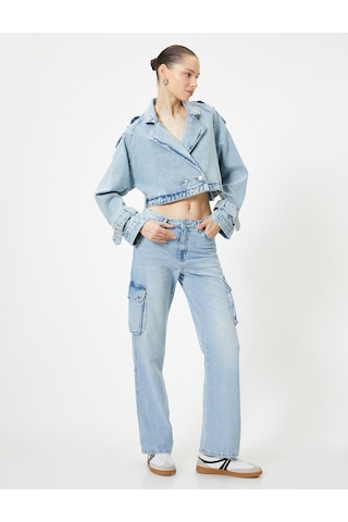 Koton Kargo Kot Pantolon Yüksek Bel Düz Paça Cepli - Nora Longer Straight Jeans Açık İndigo 4sal40421md Açık İndigo