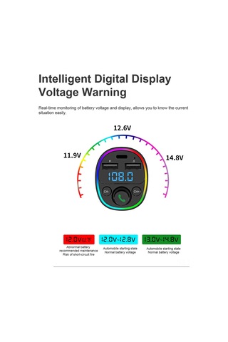 Padalink Araç İçin Çift Usb Portlu Bluetooth 5.0 Fm Vericili Mp3 Çalar - 7 Renk Led Işık Ve Voltaj Göstergeli