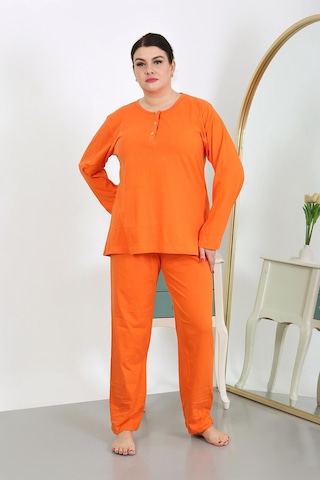 Akbeniz Kadın Büyük Beden Uzun Kol Penye Pijama Takımı Turuncu 202501 Turuncu