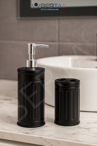 Vintage Dörtlü Siyah Banyo Seti Çöp Kovası Tuvalet Fırçası Diş Fırçalık Sıvı Sabunluk Metal Siyah