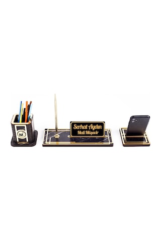 Space Mali Müşavire Özel Kalemlikli Ahşap Masa Seti Mermer Desenli Hediye Ofis Dekoratif Masa Üstü İsimlik