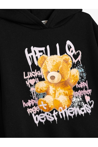 Koton Kapşonlu Sweatshirt Ayıcık Baskılı Şardonlu Slogan Temalı Siyah 5wkg10048ak Siyah