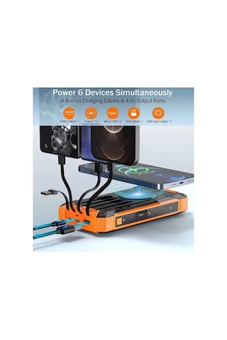 20000mah Powerbank Solar Güneş Enerjili Wireless Kablosuz Şarj Özellikli Taşınabilir Şarj Led Işıklı Turuncu