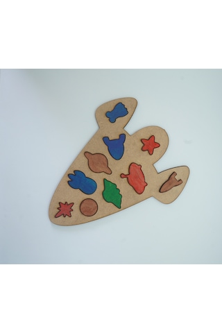 Çocuklar İçin Eğitici Ve Öğretici Ahşap Yapboz Puzzle Bul Tak Uzay Aracı Mekik Roket Gezegenler Uzaylı Stil