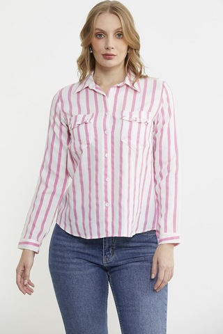 Cep Detaylı Çizgili Gömlek - Fuşya Fuşya
