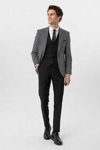Süvari Siyah Slim Fit Desenli Sivri Yaka 6 Drop Yelekli Klasik Takım Elbise-35685 Siyah