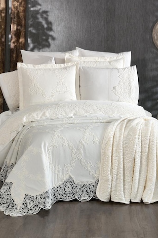 Çeyiz Diyarı Sahra 10 Parça Battaniyeli Çeyiz Seti Krem Krem