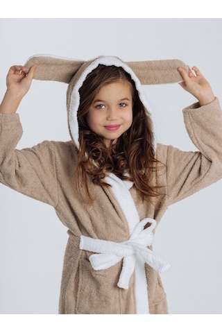 Formeya Kapşonlu Çocuk Bornoz %100 Pamuk Su Emici Köpek Figürlü Kahverengi