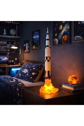 Saturn V Roket Gece Lambası Dekoratif Ve Özel Hediye Çok Rekli - Beyaz